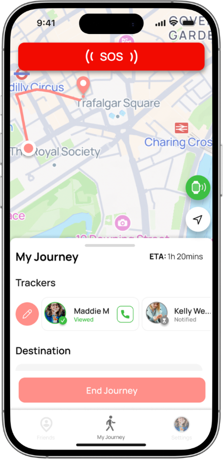 Epowar journey tracking screen with SOS button and live trackers